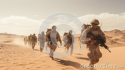 Soldiers walking In The Desert Sand, Military operation. Military Concept. Stock Photo