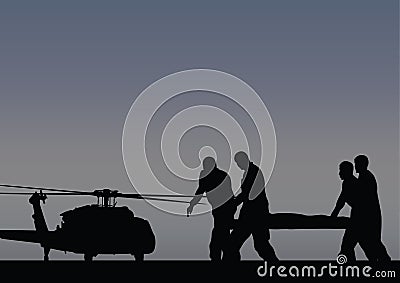 Soldiers with the wounded go to the helicopter Vector Illustration