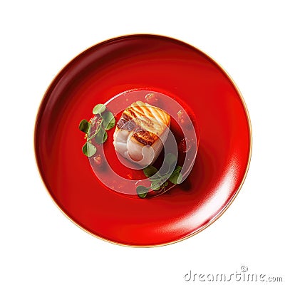 Sole Meunire On Red Smooth Round Plate, French Dish. Generative AI Stock Photo