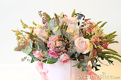 Solemn bouquet of flowers for beautiful ladies, bunch of roses Stock Photo