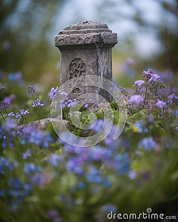 A solemn monument halfswallowed by violets and forgetmenots Abandoned landscape. AI generation Stock Photo