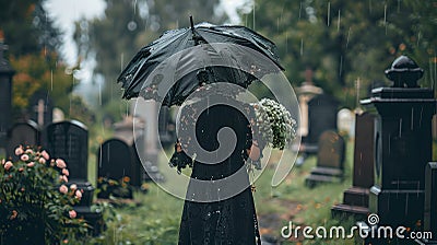 Solemn Mourner at Cemetery with Umbrella, Black Attire. Reflective, Rainy Day Funeral Scene. Quiet Respect and Grief in Stock Photo