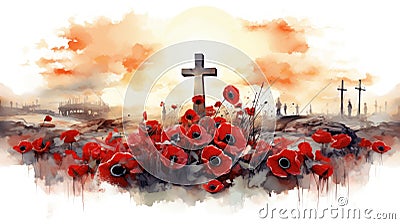 Solemn Watercolor Anzac Day Dawn Service with Poppies and Wreaths AI Generated Cartoon Illustration