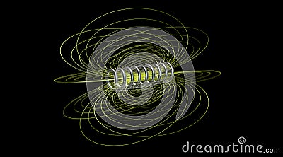 Solenoid field. Magnetic field lines. Central spiraling coil . Close view. Perspective view . 3d rendering Cartoon Illustration