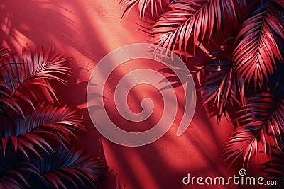 A solid color background with the shadow of palm leaves on it, featuring deep red tones. the background features a simple and Cartoon Illustration