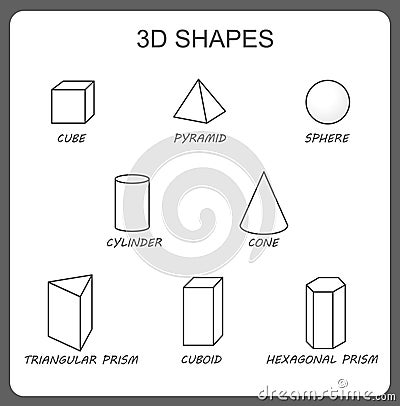 Solid 3d shapes: cylinder, cube, prism, sphere, pyramid, hexagonal prism, cone. Isolated vector solid geometric shapes. Stock Photo