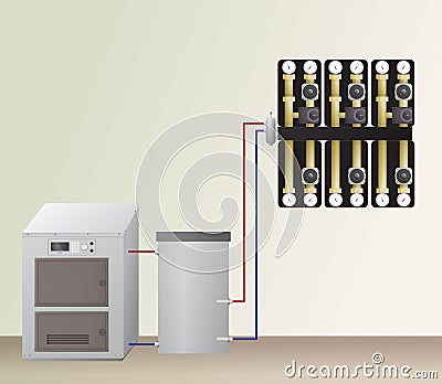 Solid fuel boiler with accumulator tank. Vector Illustration