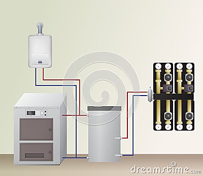 Solid and gas fuel boiler with accumulator tank. Vector Illustration