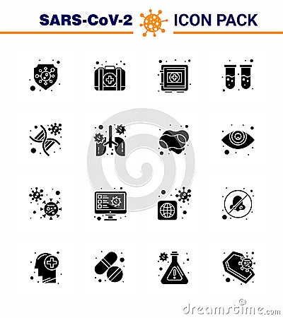 16 Solid Glyph Black Coronavirus Covid19 Icon pack such as dna, test tube, locker, blood test, securitybox Vector Illustration
