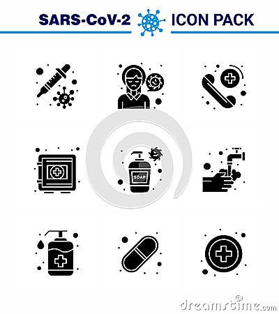 9 Solid Glyph Black Coronavirus Covid19 Icon pack such as securitybox, protection, virus infection, medical, care Vector Illustration