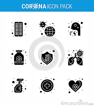 9 Solid Glyph Black viral Virus corona icon pack such as medicine, syrup, virus, pills, people Vector Illustration