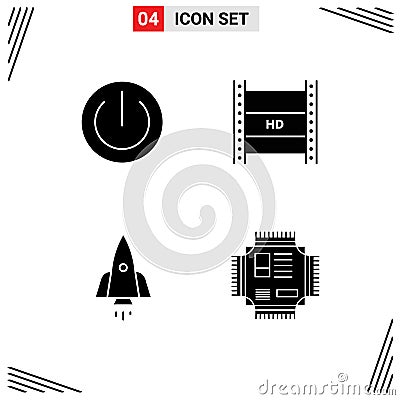 4 Solid Glyph concept for Websites Mobile and Apps button, high, gadgets, hd film, rocket Vector Illustration