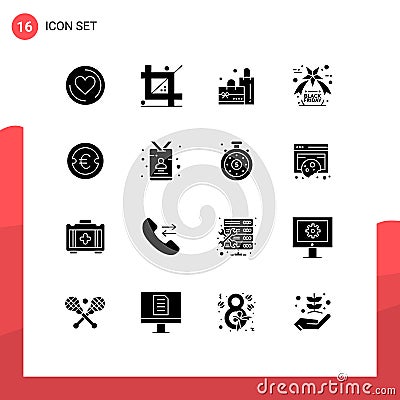 16 Solid Glyph concept for Websites Mobile and Apps investment, euro, bag, coin, friday Vector Illustration