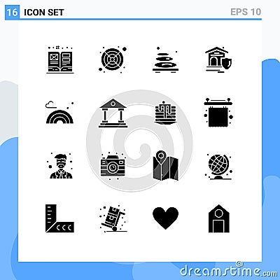 16 Solid Glyph concept for Websites Mobile and Apps rainbow, estate, massage, real, shield Vector Illustration