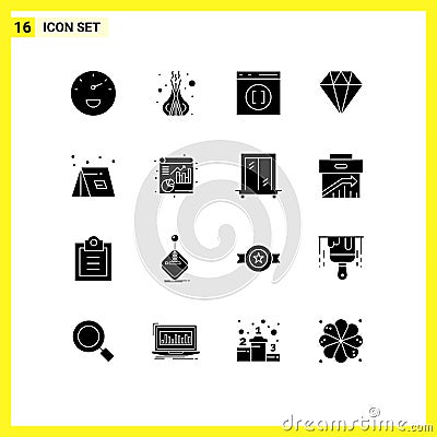 16 Solid Glyph concept for Websites Mobile and Apps tent, campfire, coding, camp, diamond Vector Illustration