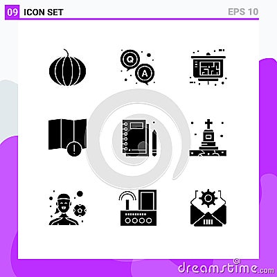 9 Solid Glyph concept for Websites Mobile and Apps writing, notepad, property presentation, notebook, warning Vector Illustration