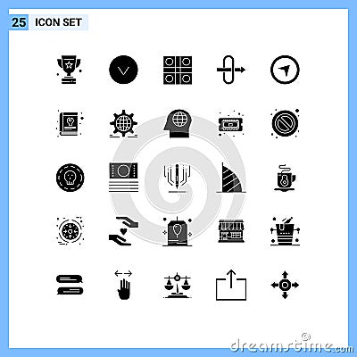 Solid Glyph Pack of 25 Universal Symbols of book, maps, ludo, direction, gateway Vector Illustration