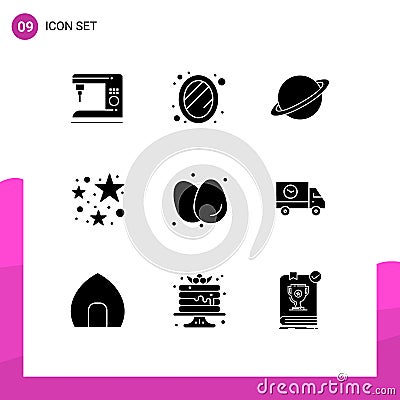Solid Glyph Pack of 9 Universal Symbols of breakfast, party, planet, stare, mars Vector Illustration