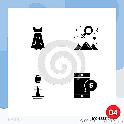 4 Universal Solid Glyphs Set for Web and Mobile Applications dress, building, achievement, success, tower Vector Illustration