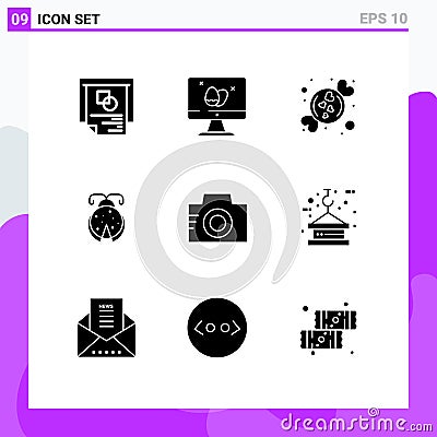 Mobile Interface Solid Glyph Set of 9 Pictograms of image, ladybug, candy, ladybird, beetle Vector Illustration