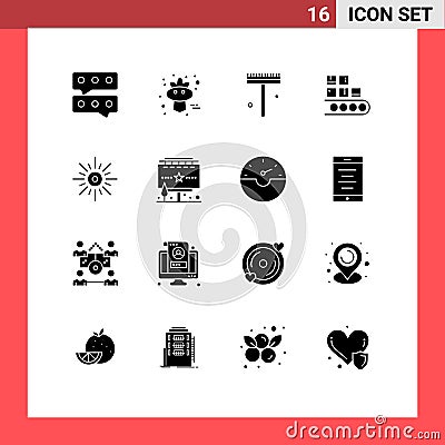 Solid Glyph Pack of 16 Universal Symbols of light, production, gardener, product, line Vector Illustration