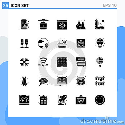 Mobile Interface Solid Glyph Set of 25 Pictograms of measure, science, application, lab, tube Vector Illustration