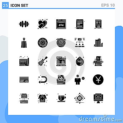 Solid Glyph Pack of 25 Universal Symbols of navigation, graph, code, layout, internet book Vector Illustration
