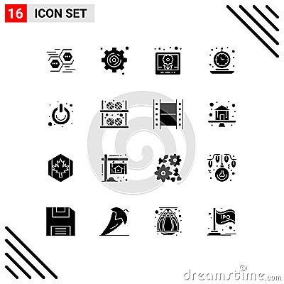 Solid Glyph Pack of 16 Universal Symbols of off, time, image, retro, clock Vector Illustration