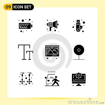 Solid Glyph Pack of 9 Universal Symbols of photo, text, speaker, caps, usb Vector Illustration