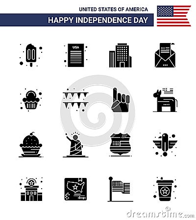 Solid Glyph Pack of 16 USA Independence Day Symbols of celebration; party; american; cake; invitation Vector Illustration