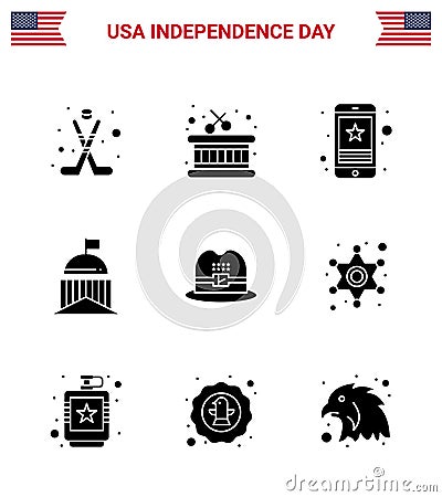 Solid Glyph Pack of 9 USA Independence Day Symbols of hat; ireland; star; green; city Vector Illustration