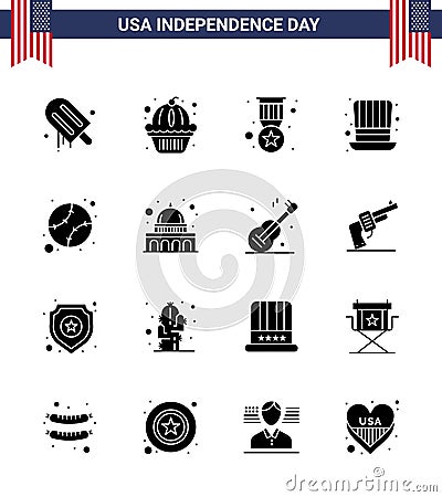 16 Solid Glyph Signs for USA Independence Day baseball; usa; award; presidents; day Vector Illustration