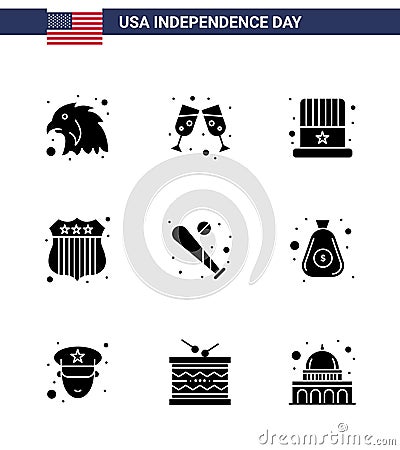 9 Solid Glyph Signs for USA Independence Day usa; bat; hat; baseball; usa police Vector Illustration