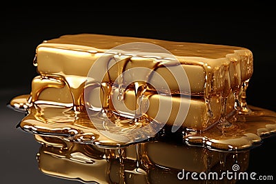 solid gold bar with honey flowing on it isolated on black background generative AI Stock Photo