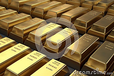 Solid gold bullion bars in a stack inside a bank vault Cartoon Illustration