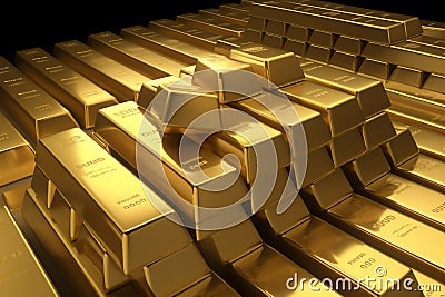 Solid gold bullion bars in a stack inside a bank vault Cartoon Illustration