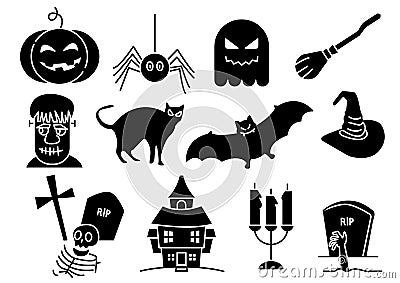 Solid icons set of Halloween,witch hat,pumpkin,ghost,witch broom,cat,bat,candle,spider,tombstone,house,zombie,Hand reaching from Vector Illustration