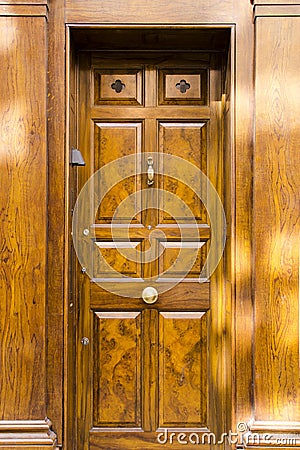 Fancy solid wooden front door with vintage look and brass door k Stock Photo