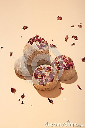 Solid natural shampoo bars, zero waste concept on beige background with petal flowers Stock Photo