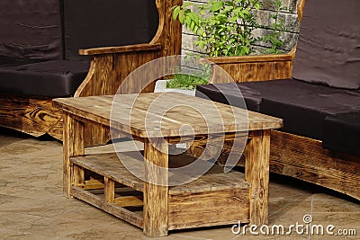 Solid Natural Wood Outdoor Handmade Table And Couc Stock Photo