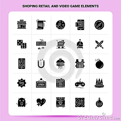 Solid 25 Shoping Retail And Video Game Elements Icon set. Vector Glyph Style Design Black Icons Set. Web and Mobile Business ideas Vector Illustration