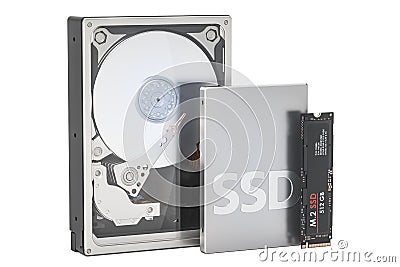 Solid state drive SSD, Hard Disk Drive HDD and M2 SSD, 3D render Stock Photo