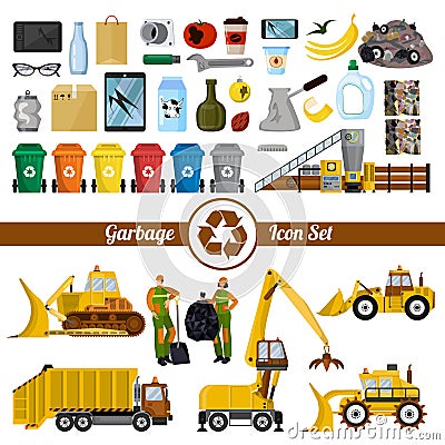 Solid-waste management. Dumpsters and and waste types. Special equipment for dumps and workers Vector Illustration
