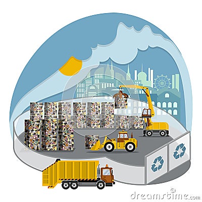 Solid-waste management. Storage of garbage blocks and preparation of waste for recycling in a modern landfill Vector Illustration