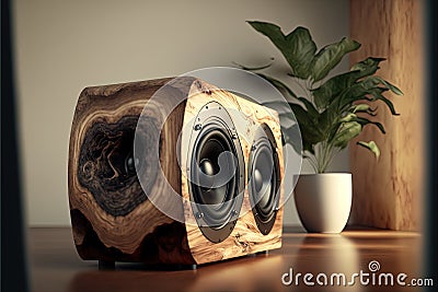 Solid wood design speaker system for home entertainment. Generative ai illustration for lovers of sound and design Cartoon Illustration