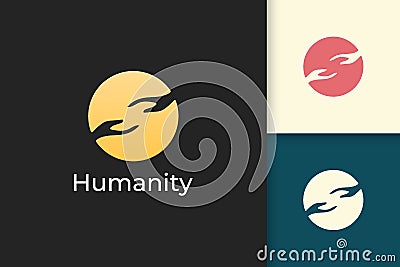 Solidarity or humanity logo in simple circle with two hand reaching Vector Illustration