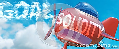 Solidity helps achieve a goal - pictured as word Solidity in clouds, to symbolize that Solidity can help achieving goal in life Cartoon Illustration