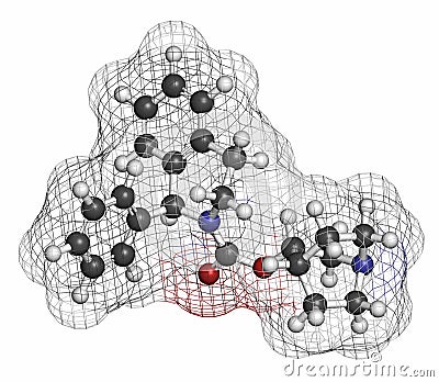 Solifenacin overactive bladder drug molecule. Atoms are represented as spheres with conventional color coding: hydrogen (white), Stock Photo