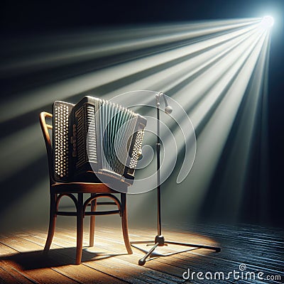 A musical instrument: accordion, sits on alone on stage ready to play, under a strong single spotlight Stock Photo