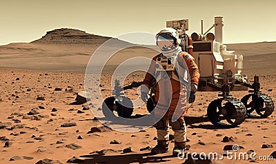 Solitary astronaut on red planet with trusty rover Creating using generative AI tools Stock Photo